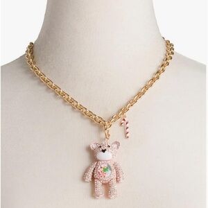 NWT Betsey Johnson Christmas Holiday Crystal Pink Bear Snow Globe Necklace